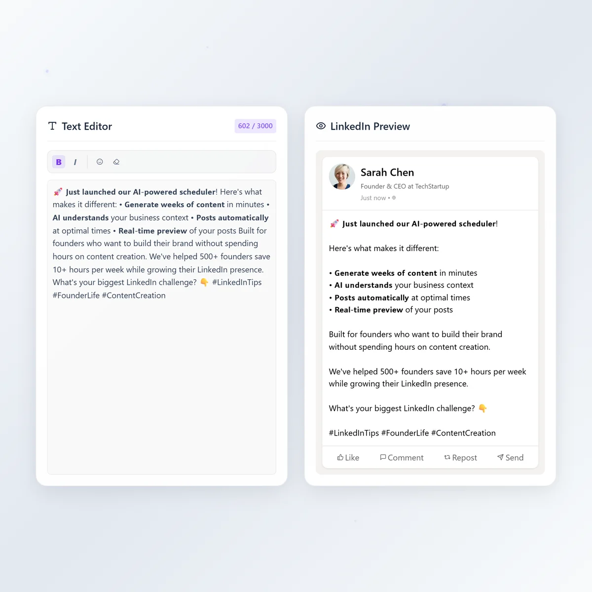 LinkedIn Post Preview Editor - WYSIWYG editor with real-time LinkedIn post preview